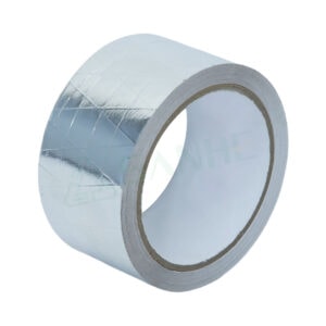 Close-up of a shiny aluminum HVAC tape roll used for sealing and insulating ductwork in heating, ventilation, and air conditioning systems.